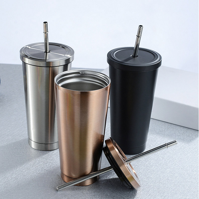 Cốc Ly 2 lớp inox 304 CR500, chống nóng, có nắp và ống hút, cỡ lớn 500ml, dùng được trên xe hơi