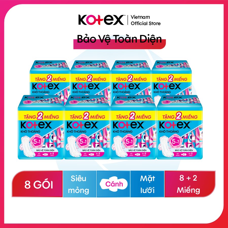 Combo 8 Băng Vệ Sinh Kotex Penta Khô thoáng Siêu Mỏng Cánh 8 miếng + Tặng 2 miếng