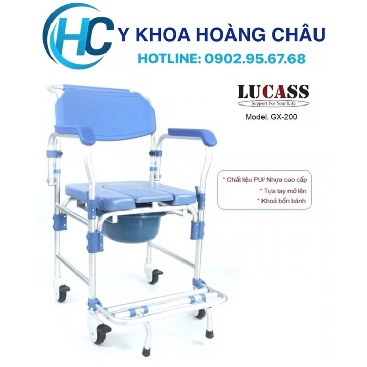 Ghế bô vệ sinh tiêu chuẩn Mỹ Lucass GX-200 ( GX200 ) 3 trong 1: Ghế bô, ghế tắm, xe lăn - Có Đệm, Bánh Xe, Chỗ Gác Chân