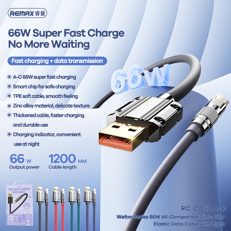 Cáp sạc nhanh 66W USB-C Remax Wefon Series Zinc-alloy elastic RC C052 A-C 1.2m _ hàng chính hãng