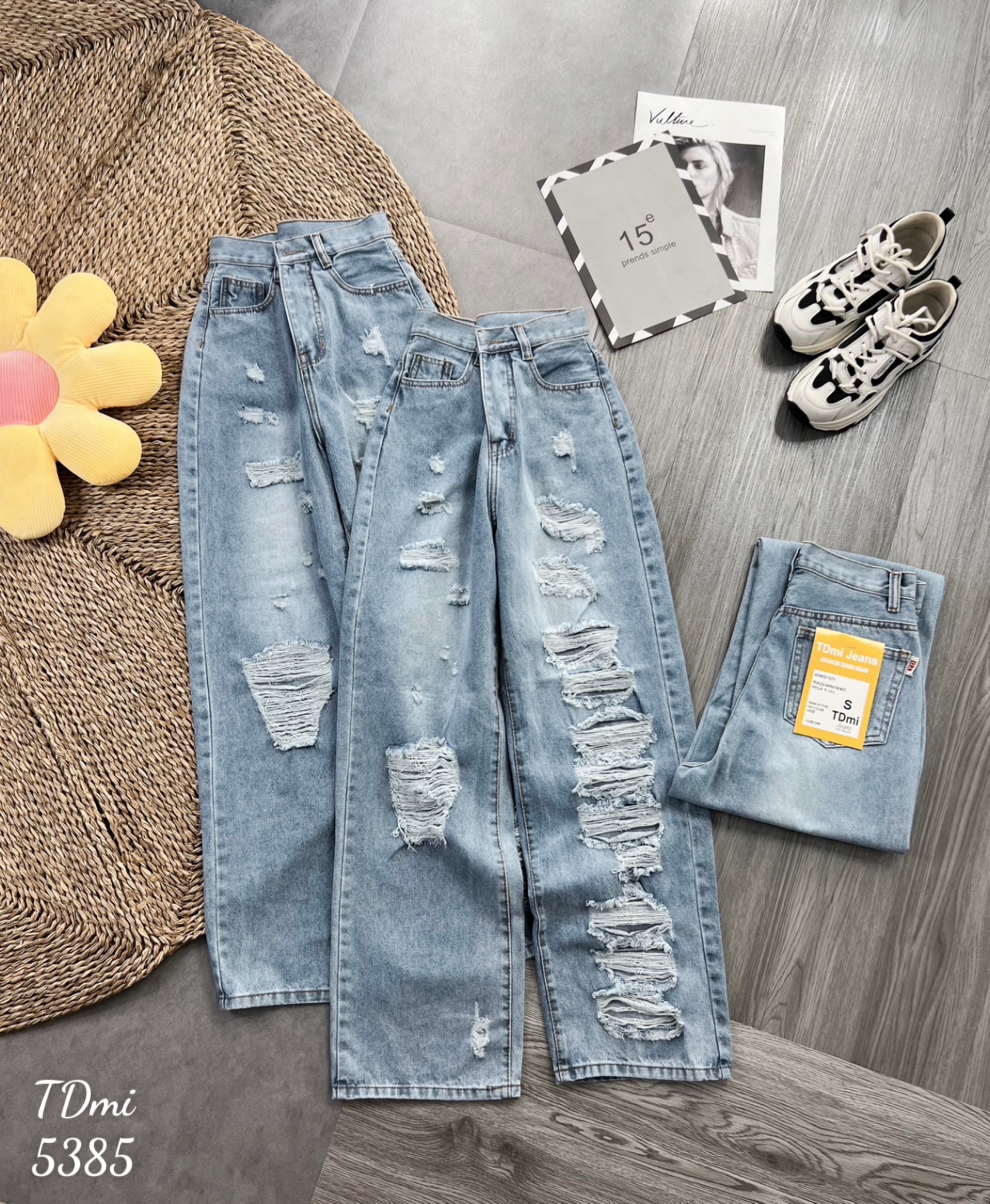 Quần Baggy Jean Nữ Lưng Cao Rách Kiểu Lai Cuốn Vải Bò Nữ Ulzzang Phong Cách Thời Trang