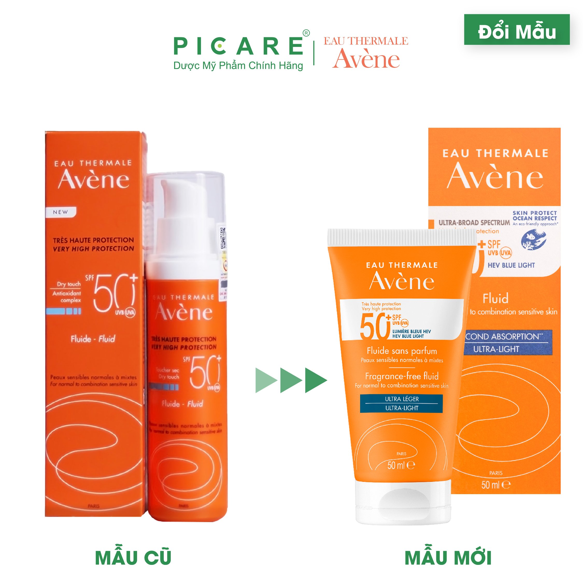 Kem Chống Nắng Phổ Rộng Cho Da thường, Da Hỗn Hợp Nhạy Cảm Avène Very High Protection Fluid SPF50+ Blue Light 50ml