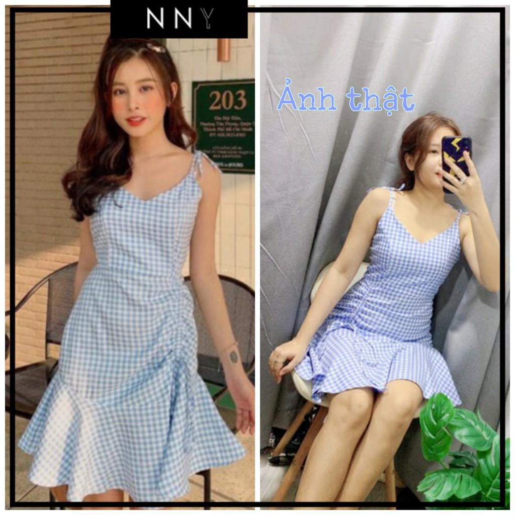 VÁY HAI DÂY CARO XANH BIỂN RÚT DÂY CHÂN VÁY - MI DRESS - V042