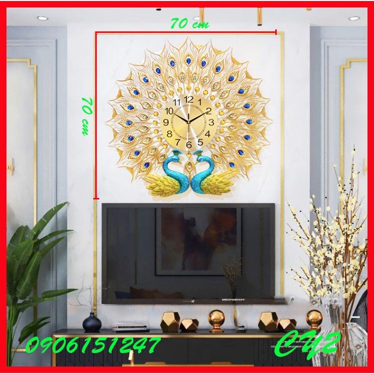 Đồng hồ treo tường trang trí decor chim công CY2 Khổng Tước vàng kích thước 70 x 70 cm