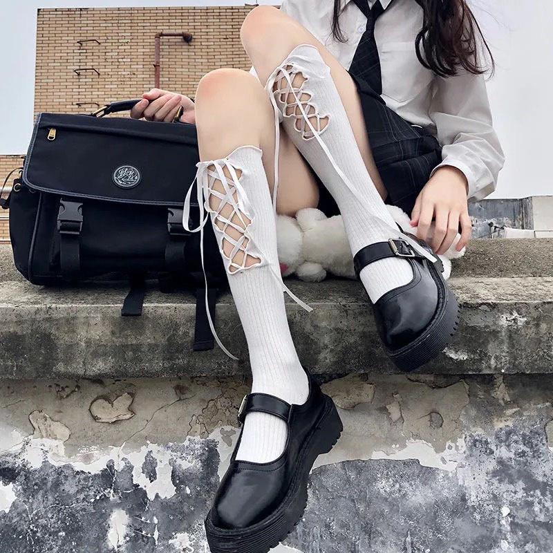 Vớ/ Tất nữ cotton LOLITA buộc dây mảnh Tất nữ dài dưới gối mềm mại