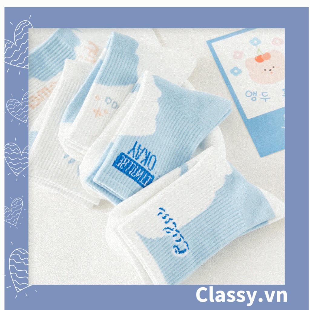 Tất cổ cao Classy,  vớ cổ cao màu xanh trắng, chất cotton êm chân G1354