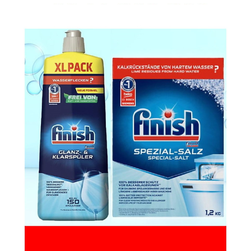 Combo Muối rửa bát finish 1.5kg + Nước làm bóng finish 750ml dùng cho Máy rửa bát chén ly