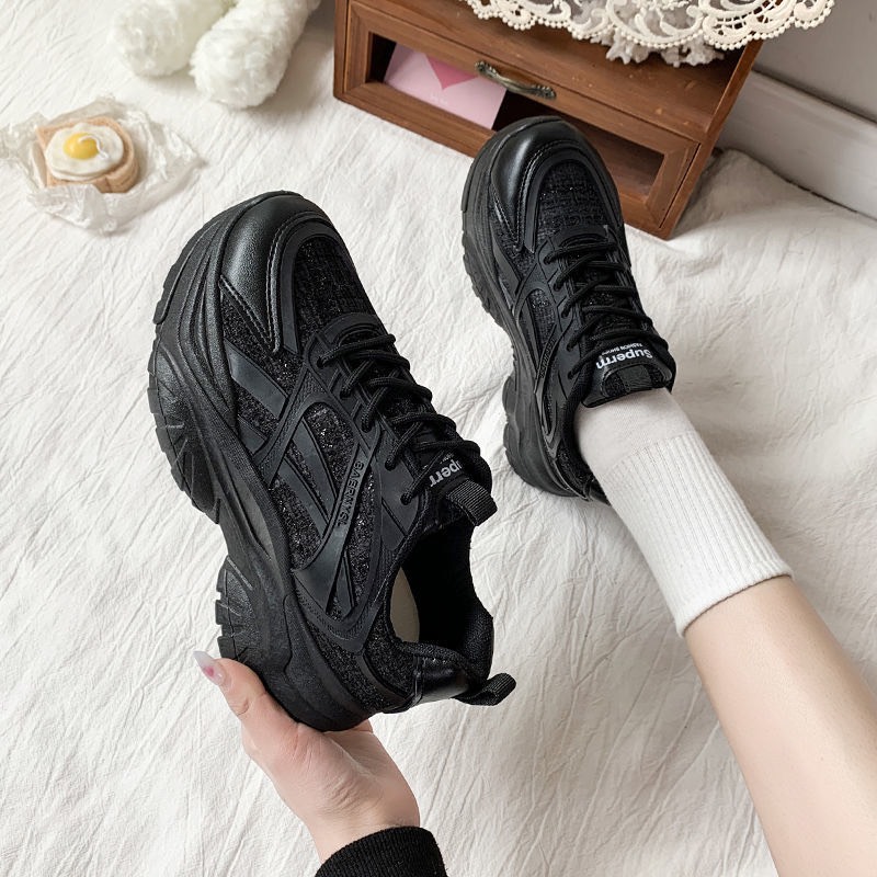 Giày Thể Thao Nữ MWC Đế Cao Thiết Kế Kiểu Dáng Buộc Dây Sneaker Trẻ Trung Năng Động Màu Đen Kem NUTT- 0615