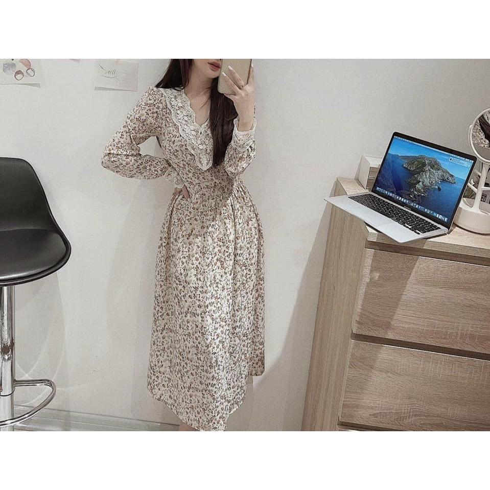 ĐẦM HOA CỔ REN TAY REN NÂU - DA2433