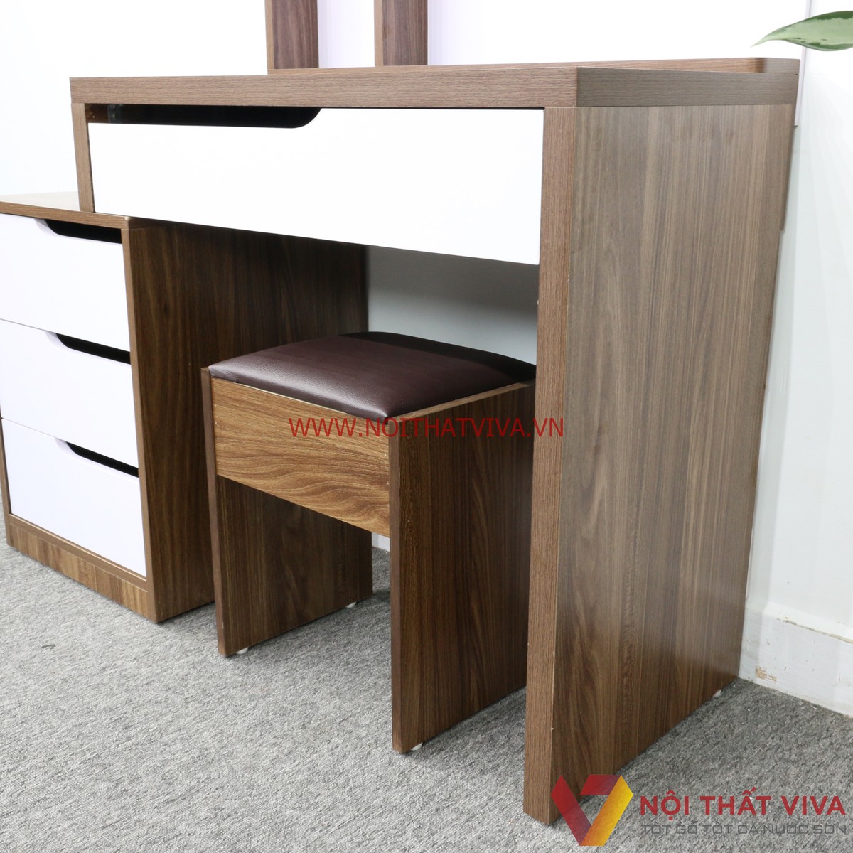 Bàn Trang Điểm 2 Tầng Gỗ MDF Melamine Màu Óc Chó Phối Trắng Hiện Đại