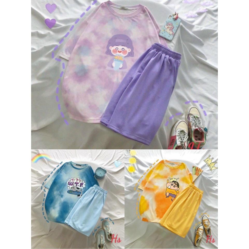 Bộ Áo Loang Cộc Tay In Hình Kèm Quần Đùi Set Unisex Ngắn