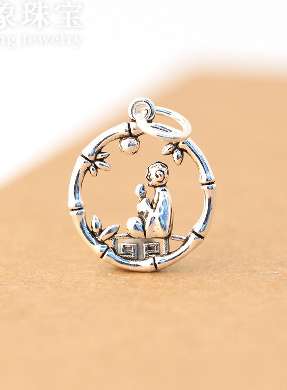 Combo 2 cái charm bạc dây chuyền nhà sư ngồi rừng trúc treo - Ngọc Quý gemstones