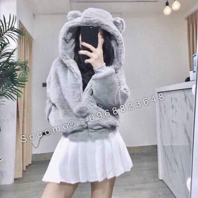 Áo khoác lông tai gấu mềm mịn mùa đông phối khóa kéo thời trang Hàn Quốc siêu ấm.METSHOP