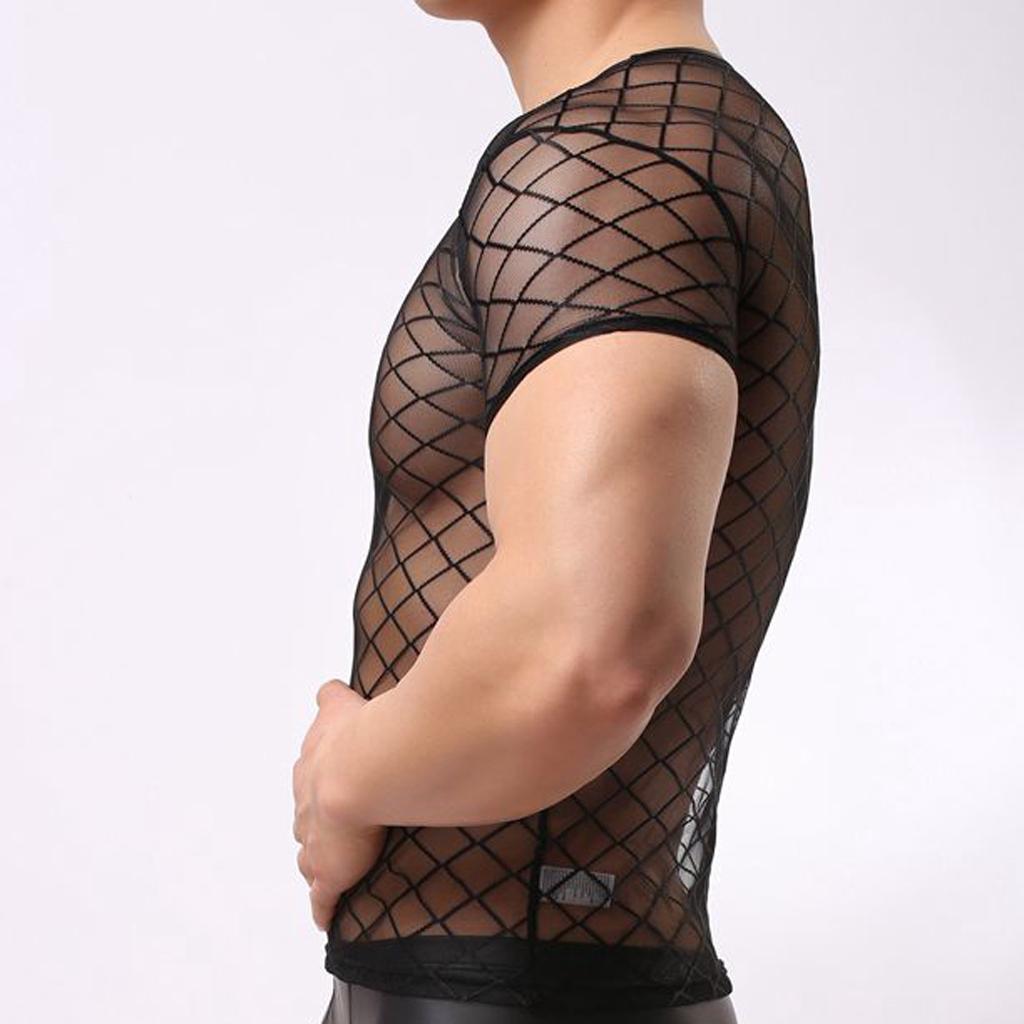 Men's Mesh Brief Sheer O-neck Short Sleeve Mesh T-Shirt Tops Set