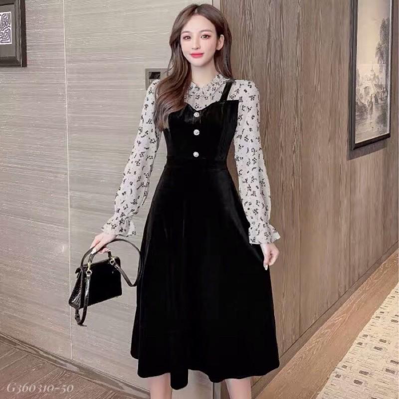 Váy nhung phối voan hoa sang chảnh KÈM ẢNH THẬT