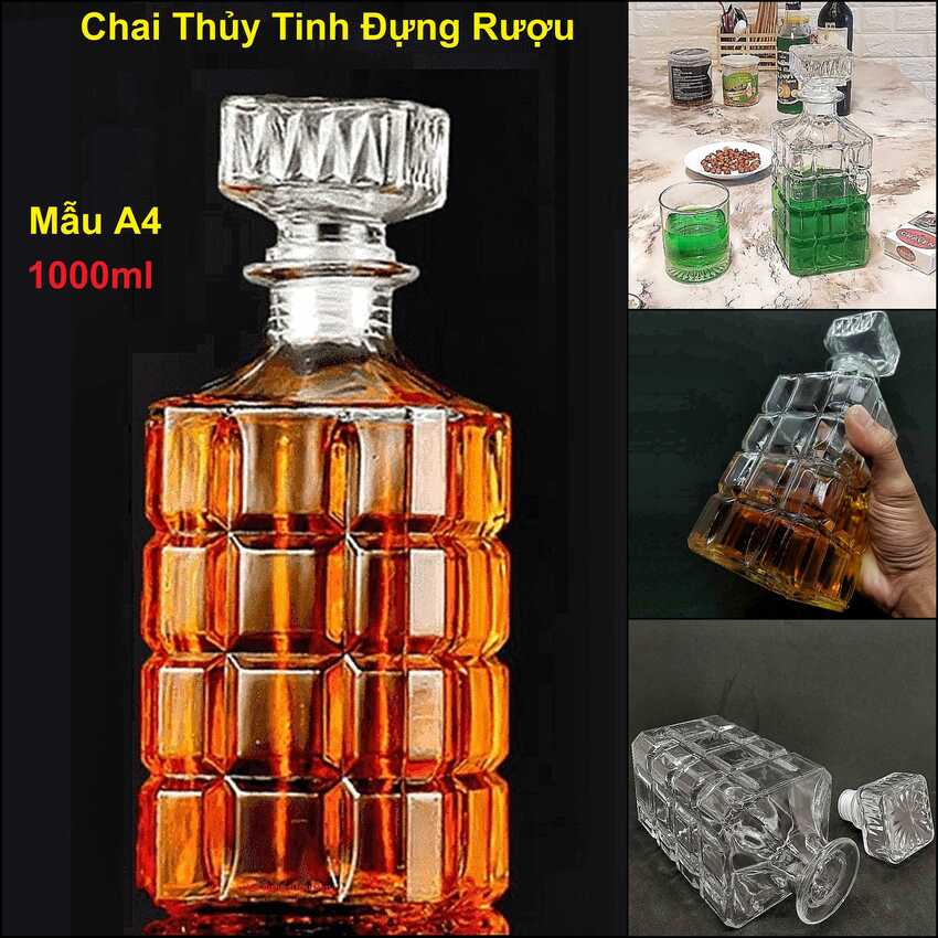 Bình Đựng Rượu Thủy Tinh 1 Lít (combo 2 cái) mẫu vuông hoa văn caro - Chai Thủy Tinh Đựng Rượu 1000ML - Vỏ Chai Rượu Ngoại (A4)