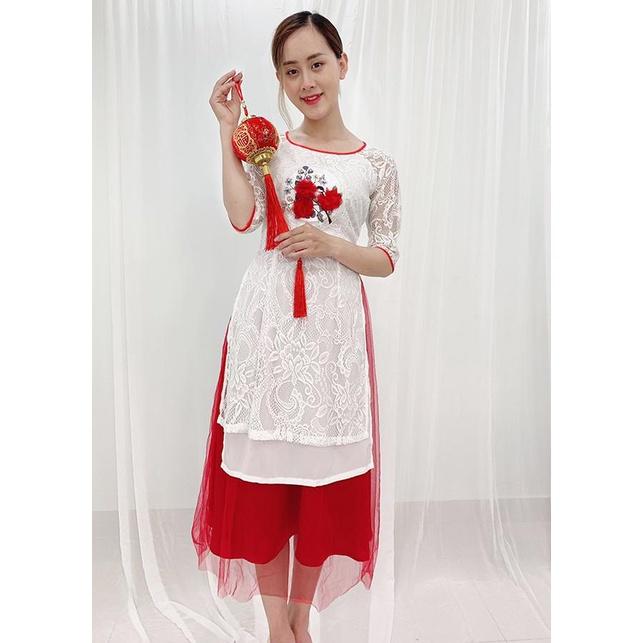 Áo Dài Cách Tân Diện Tết Vải Lụa Gấm có Họa Tiết , Có Big Size