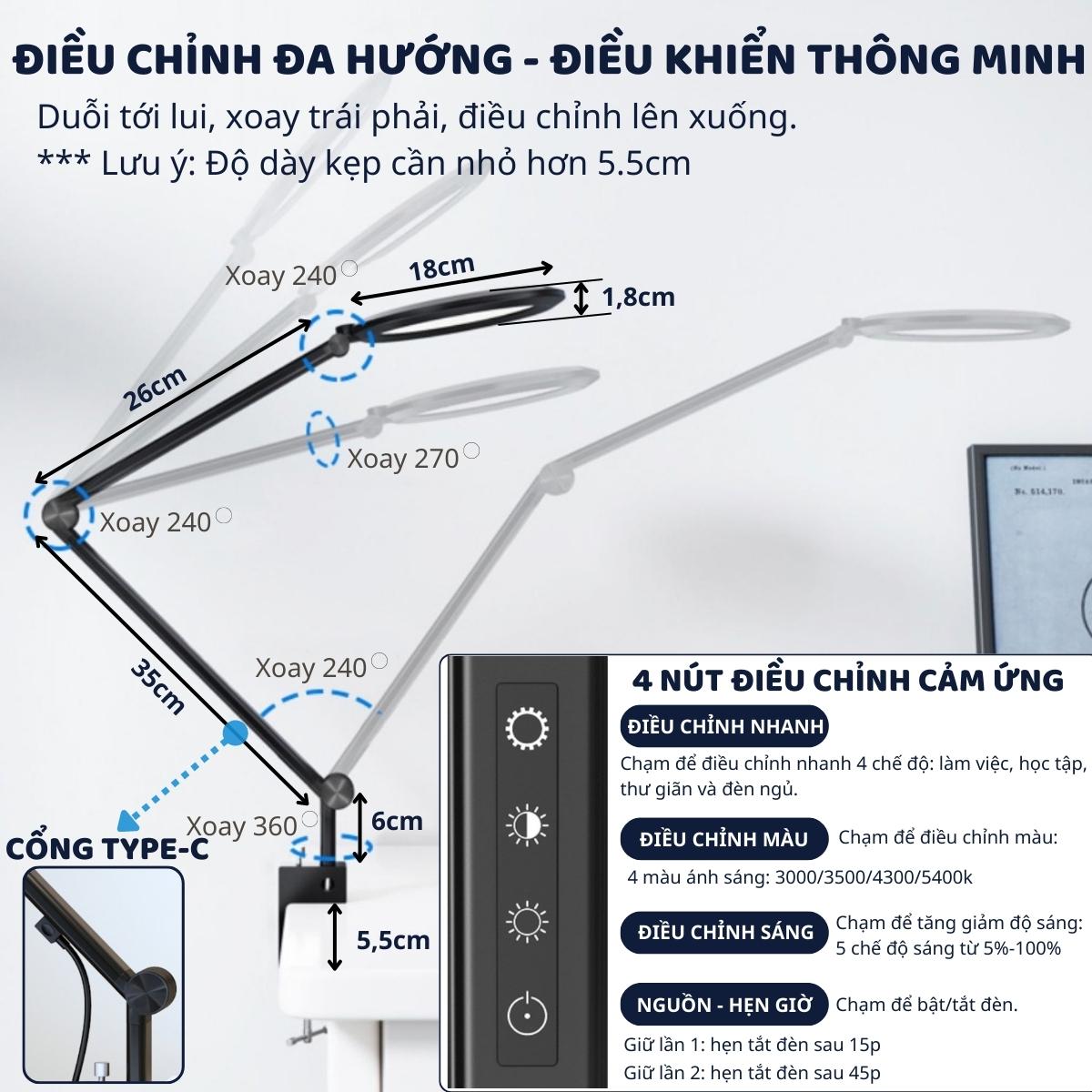 Đèn bàn học Led bảo vệ mắt Ergo Edge 2 DandiHome chống cận để học tập, làm việc, có thể kéo dài, gấp gọn - 4 chế độ sáng