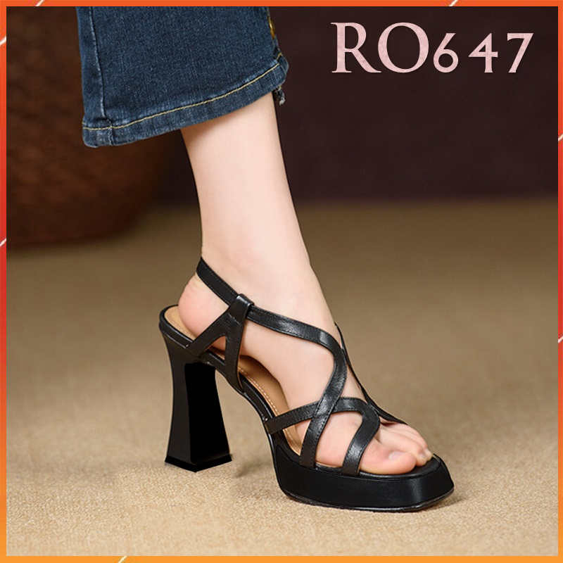 Giày sandal nữ cao gót 9 phân hàng hiệu rosata hai màu đen trắng cao cấp ro647