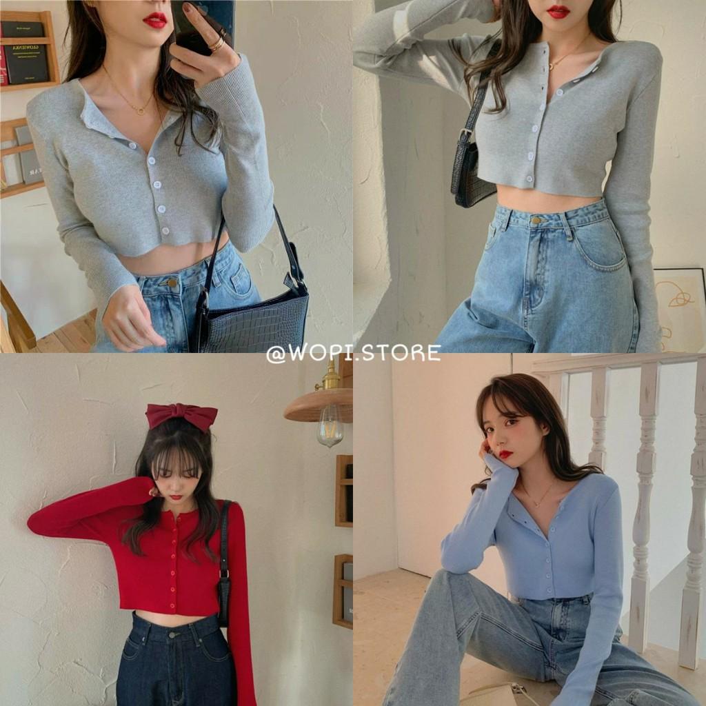 Áo Croptop YAN Cổ Tim Tay Dài Phối Khuy Unisex (7 MÀU