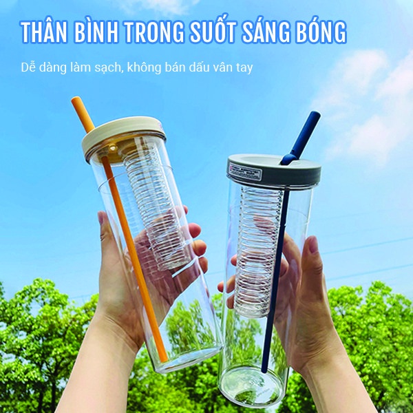 [Tặng Kèm Sticker] Bình Nước Detox Có Khay Lọc Trà, Chất Liệu Nhựa Trong Suốt - Bình Nước Có Ống Hút Dung Tích 700ml