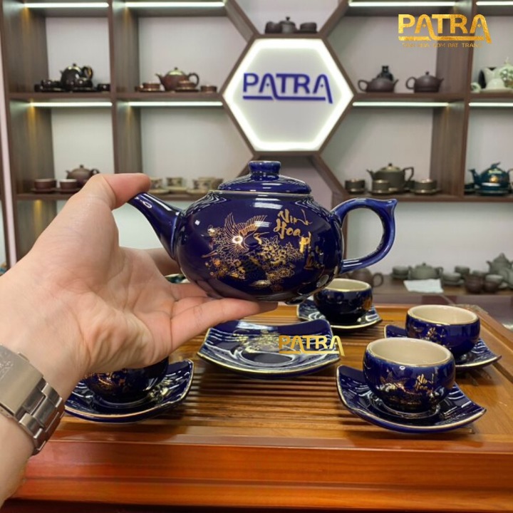 Bộ ấm chén uống trà cao cấp , bộ ấm trà Bát Tràng - vinh hoa phú quý xanh coban số 2