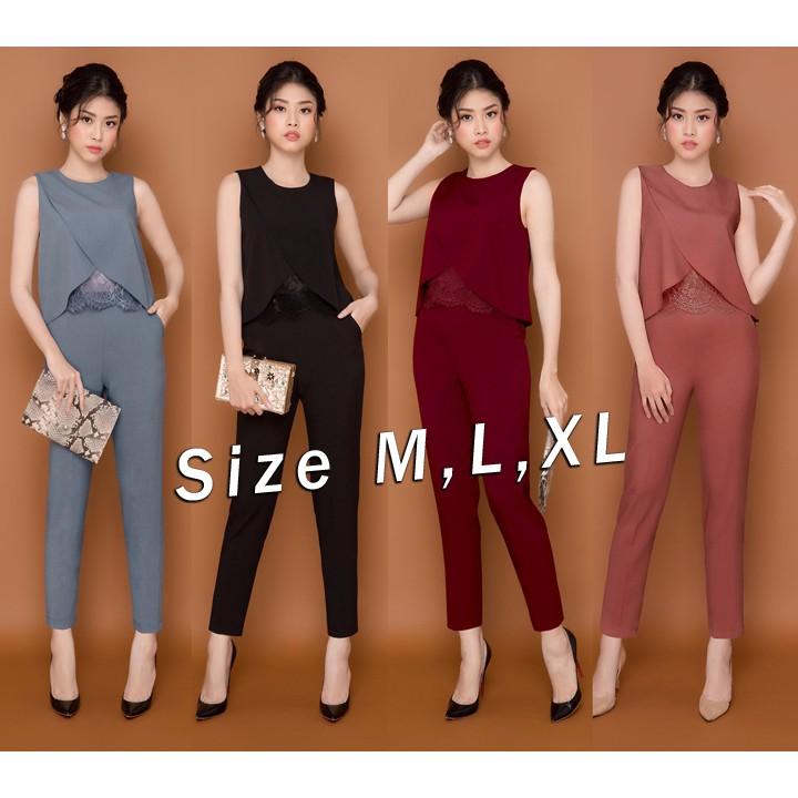 Set nguyên bộ quần dài áo đắp chéo phối ren