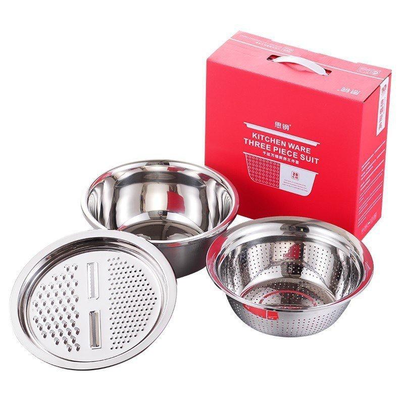Bộ Thau, Rổ, Nạo Bào Cắt Rau Củ 3 Món Inox Tiện Lợi