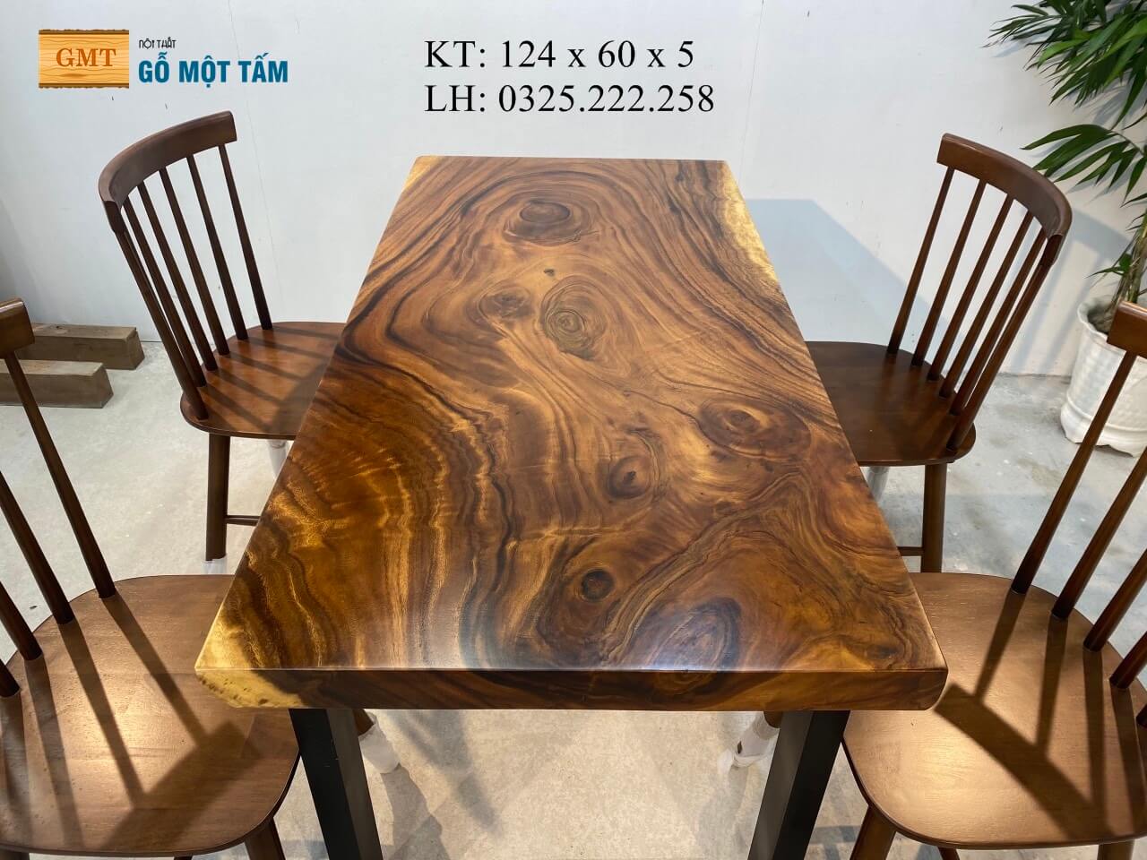Bàn Ăn 4 Ghế Gỗ Tự Nhiên, Bàn Làm Việc Hiện Đại, Bàn Trà Gỗ Me Tây Dài 1,24m Rộng 60cm Dày 5cm