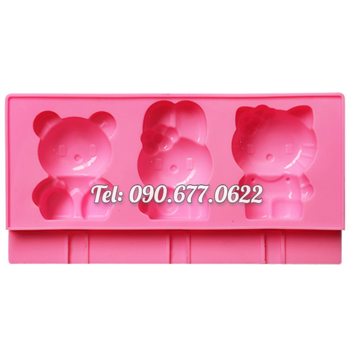 Khuôn silicone làm rau câu, làm kem, socola 3 con thỏ, mèo Kitty, gấu con – Mã số 1422
