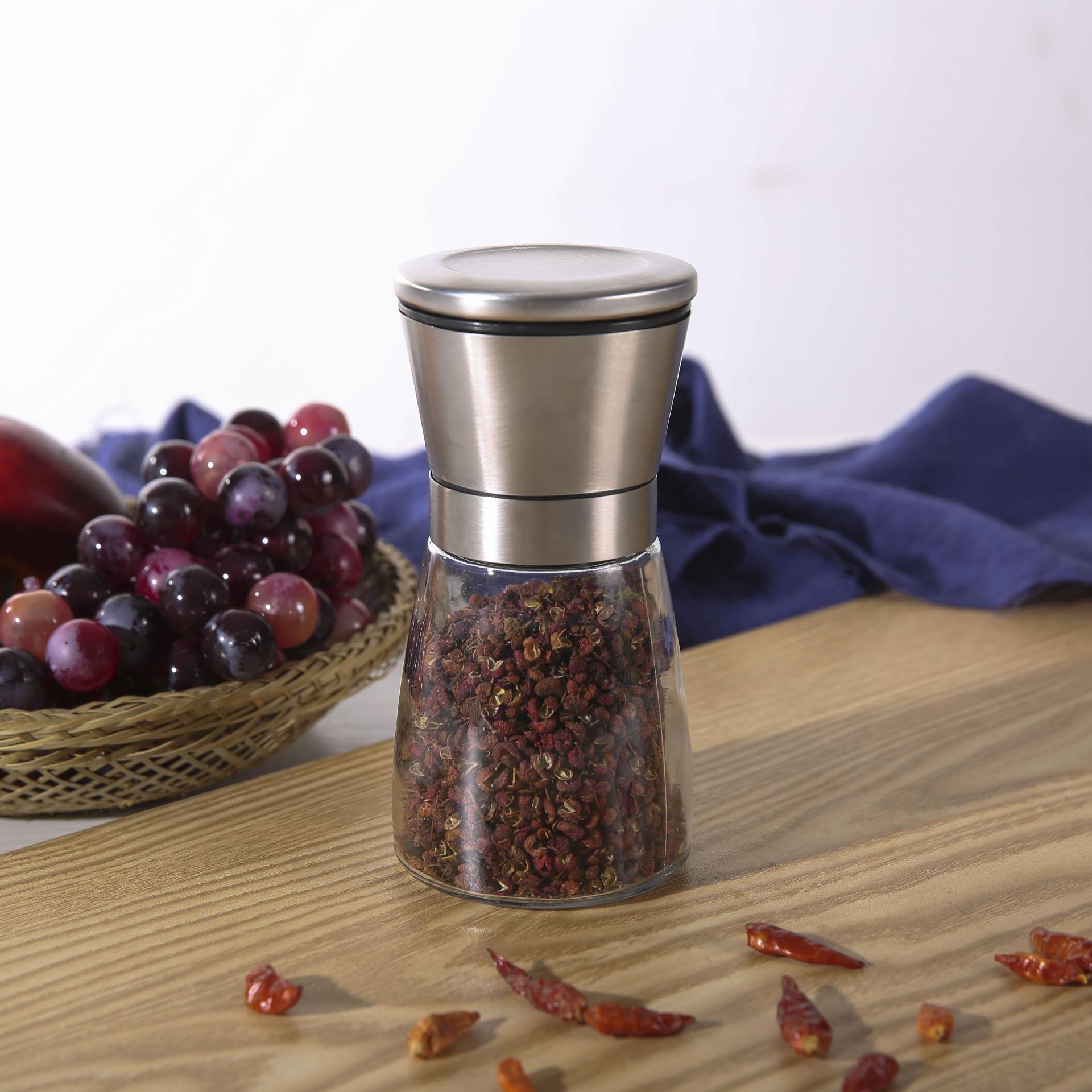 Bộ dụng cụ mài muối và hạt tiêu - 2 bộ bằng thép không gỉ, dễ dàng làm đầy máy mài với độ nhám có thể điều chỉnh, nắp/silicon