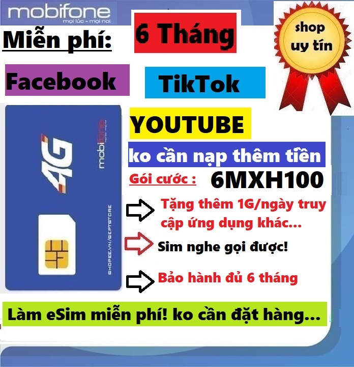 Sim 4G Mobifone 6,12MXH100-Miễn phí 6,12 tháng ko cần nạp thêm tiền- Hãng chính hãng