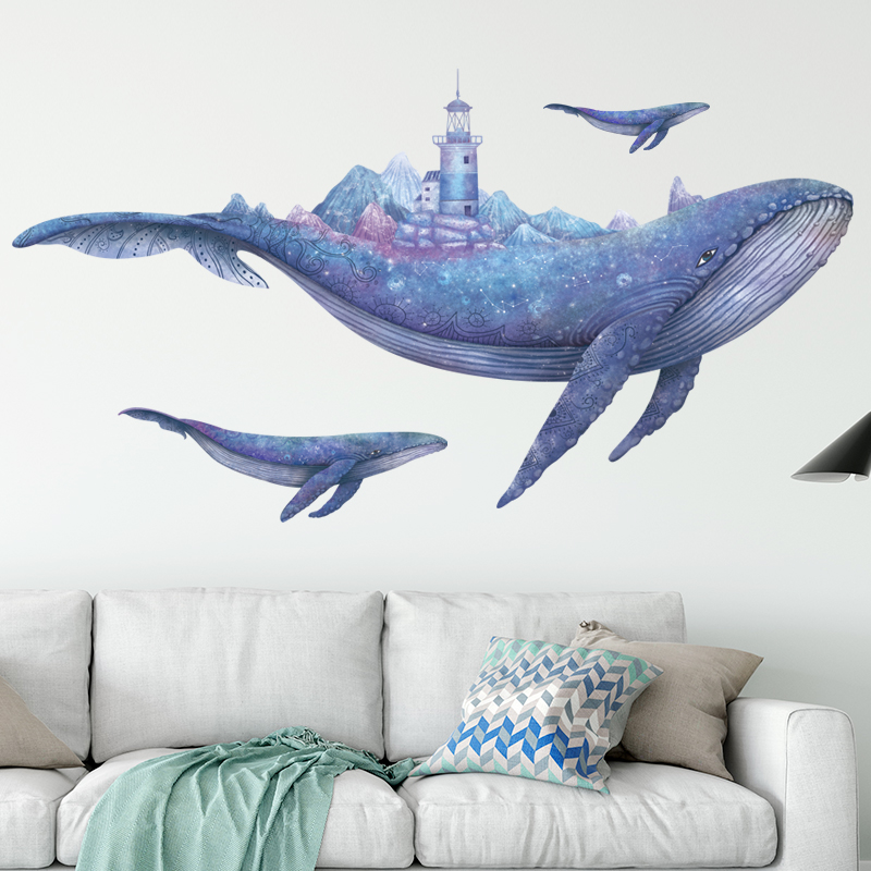 Sticker Giấy Dán Tường Decal Dán tường Tranh Dán Tường Trang Trí Tường Mẫu Cá Voi Xanh có ngọn Hải Đăng ZH-1011