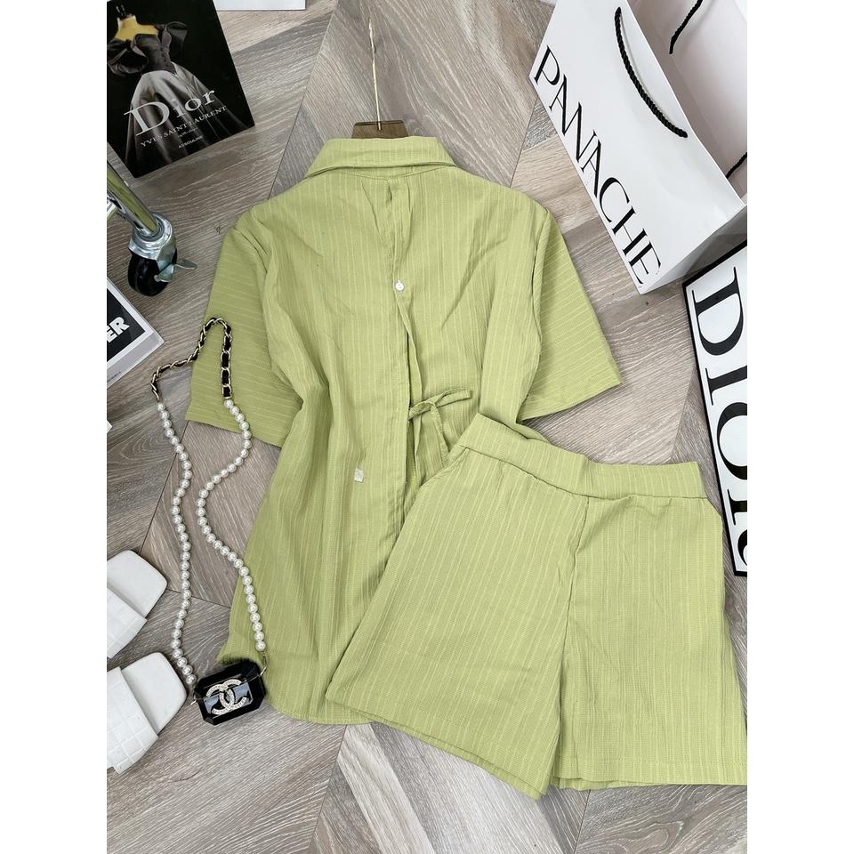 Bộ đùi nữ Set sơ mi sọc xanh lá cột nơ lưng, Set sơ mi sọc xanh lá quần sooc chất đũi thắt nơ lưng