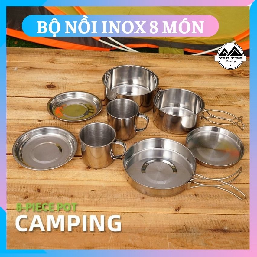 Bộ Nồi Inox 8 Món Gấp Gọn Nấu Ăn Tiện Lợi Khi Đi Du Lịch Cắm Trại Dã Ngoại Ngoài Trời