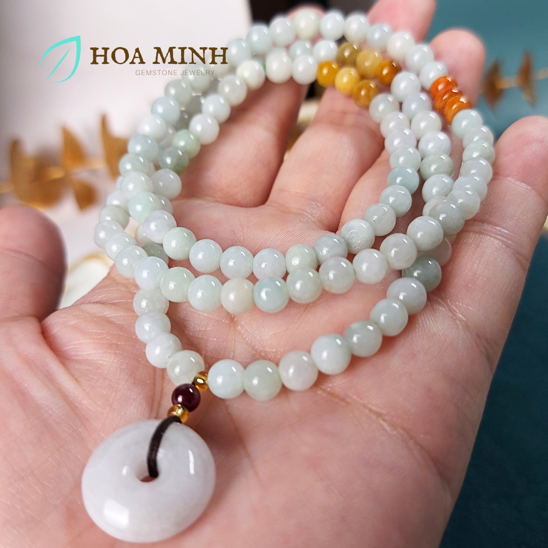 Vòng tay chuỗi 108 hạt Cẩm Thạch bạch ngọc nếp băng size hạt 5.5 li phối điếu cẩm thạch phong thủy tài lộc