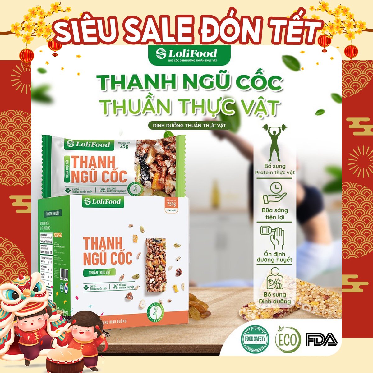 Thanh Ngũ Cốc LoliFood, 100% Thuần Thực Vật, Ngũ Cốc và Mật Dừa Nước, Ngũ Cốc Ăn Kiêng, Tập Gym, Giảm Cân 25gr x10 gói