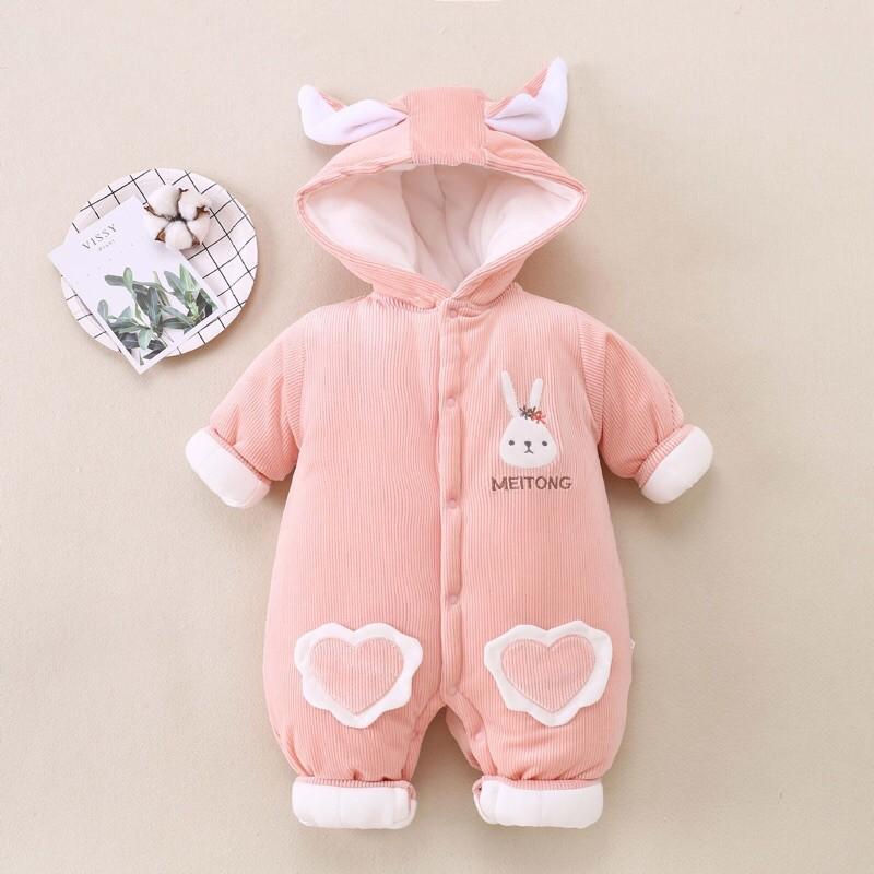 Bộ Body  thú dày giữ ấm liền thân cotton cho bé sơ sinh từ 0-12 tháng