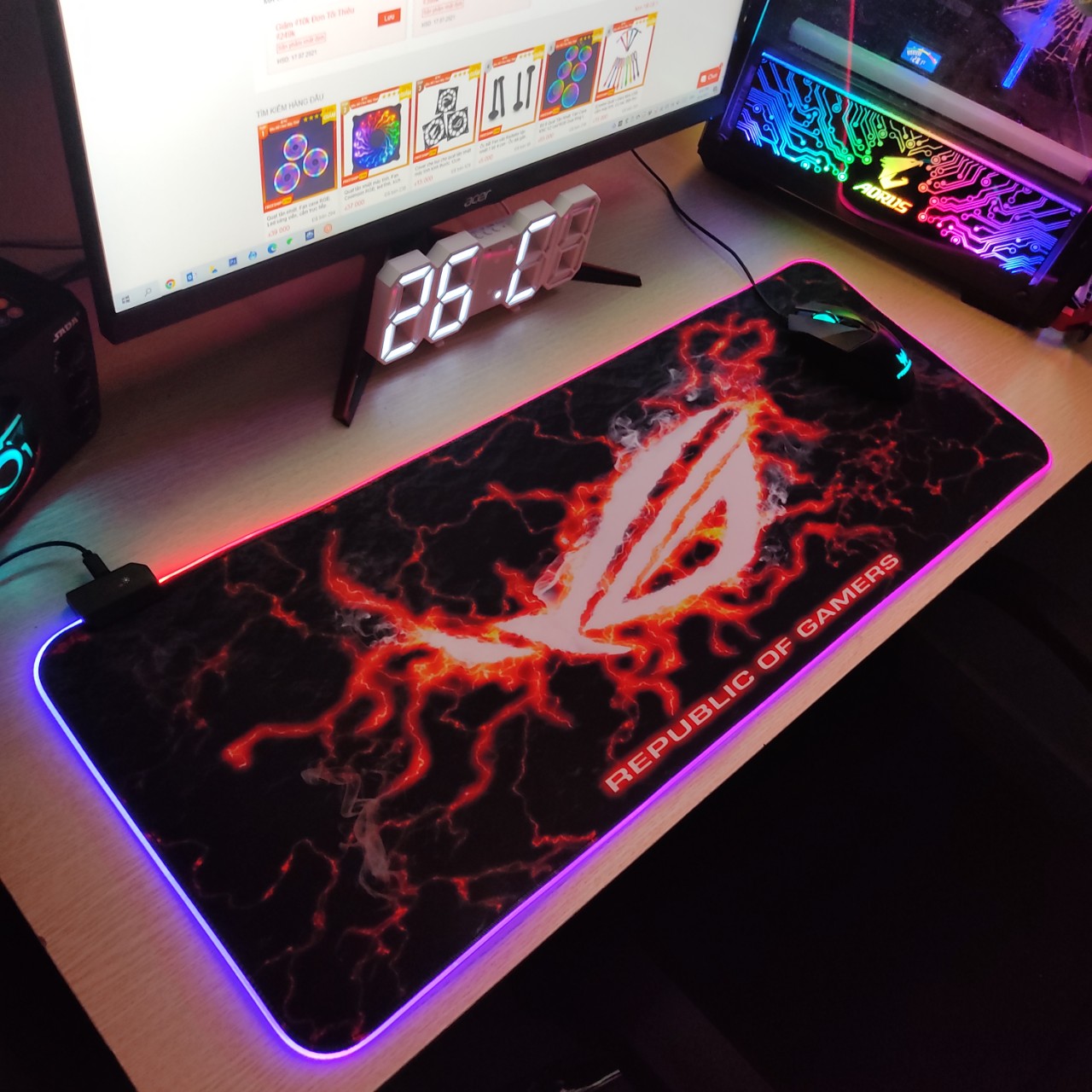 Mouse Pad, bàn di chuột, lót di chuột tích hợp Led RGB sáng viền,phiên bản ROG số 3 kích thước 80cm x 30cm dày 4mm - Hàng nhập khẩu