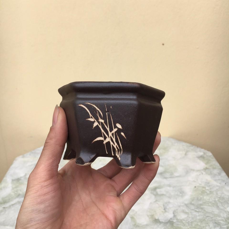 Chậu bonsai Lục giác khắc mini đất nung gốm Bát tràng 1 size BM-130