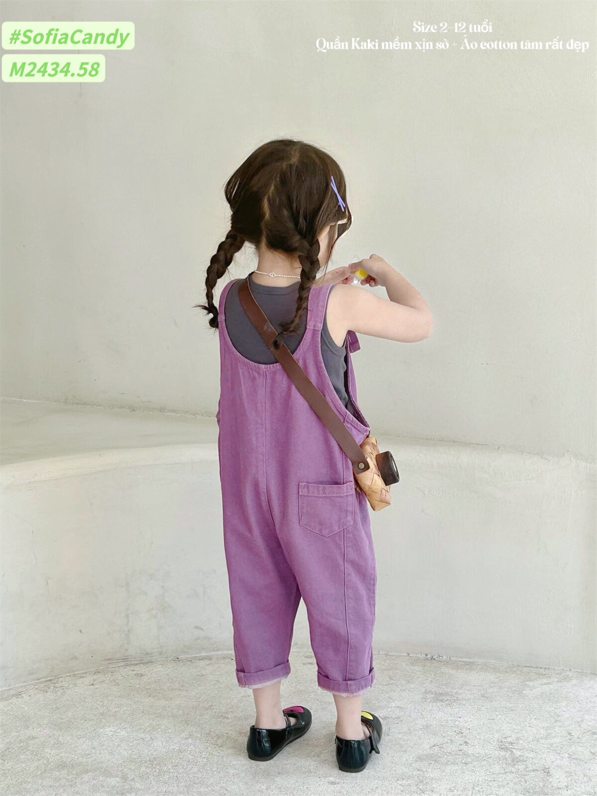 Set yếm tím kaki phối áo cotton tăm mềm mịn cho bé gái từ 1 đến 12 tuổi dễ thương vô cùng