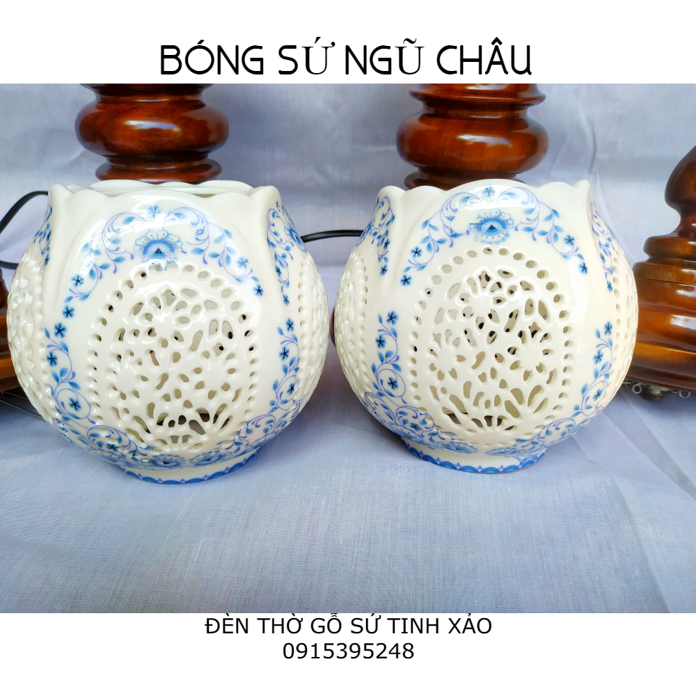 Đôi đèn thờ gỗ sứ tinh xảo NGŨ CHÂU AN HÒA (tặng kèm bóng LED dự phòng)