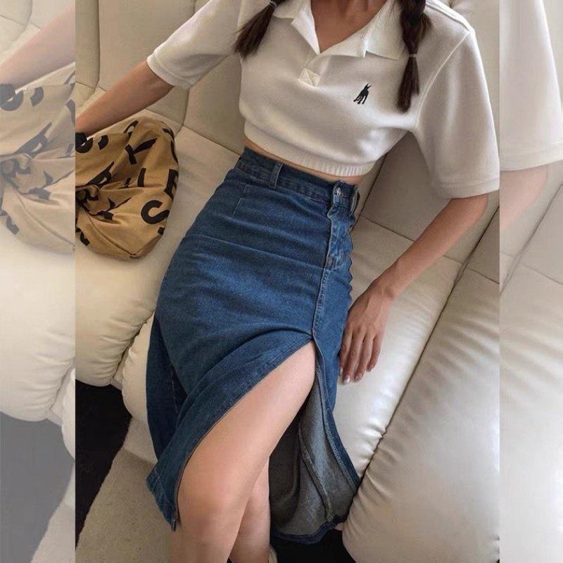 Chân Váy Jeans Nữ Cúc Lệch Xẻ Tà Cạp Cao Dáng Dài 3 Màu Full Size