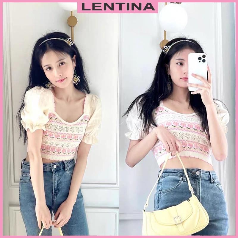 Áo kiểu croptop nữ tay ngắn cổ vuông dáng ôm thiết kế len dệt kim phối tay bồng phong cách Hàn Quốc trẻ trung