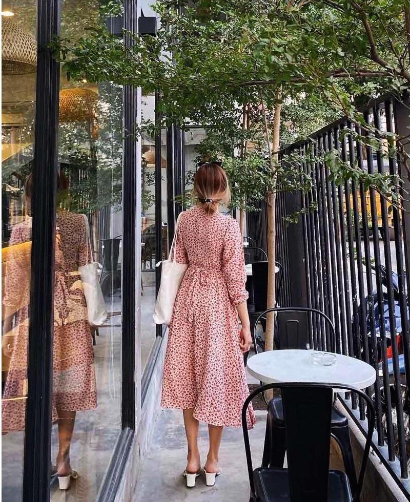 VÁY VINTAGE CỔ TRÒN TAY DÀI, Đầm công sở Quảng Châu màu hồng