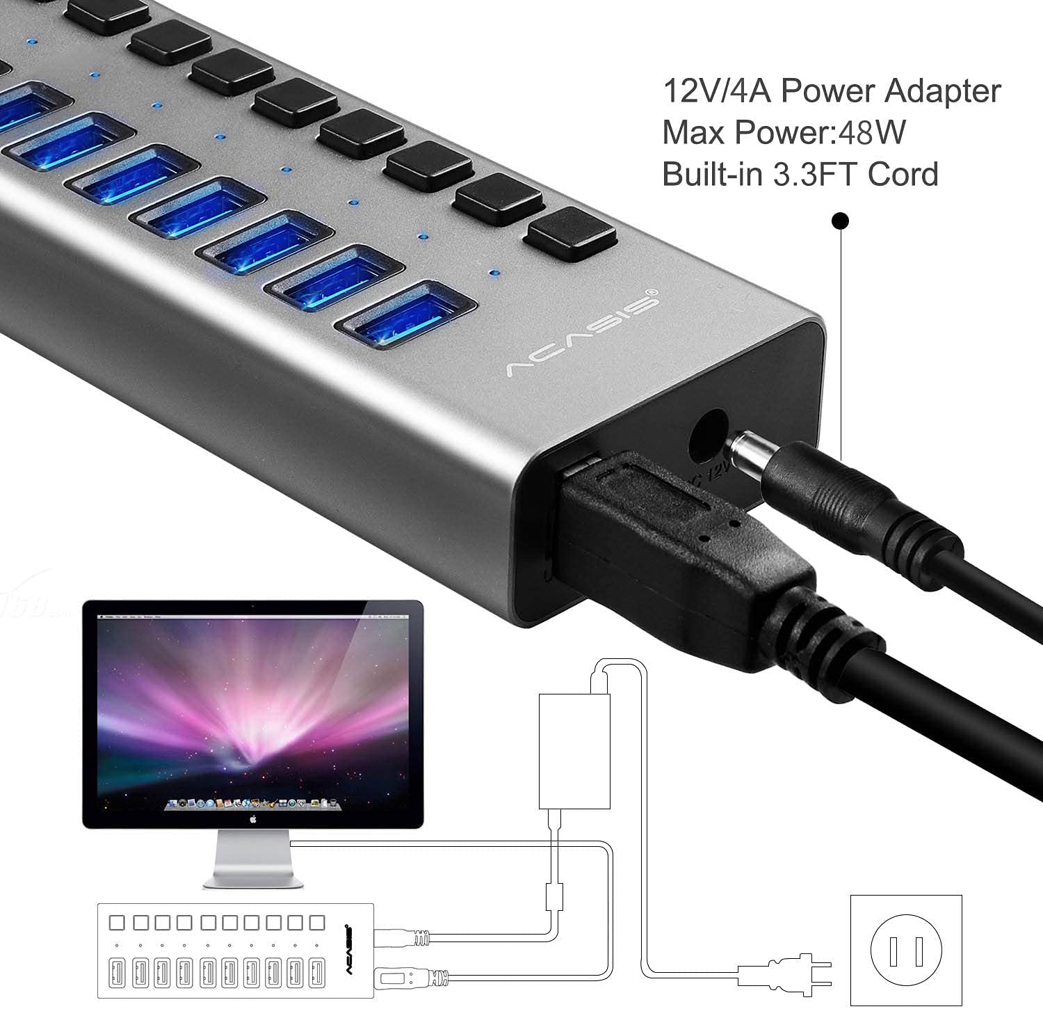 Bộ Chia USB 3.0 16 Cổng ACASIS - Nguồn 12V 7.5A - HUB USB 16 Port - Hàng Nhập Khẩu