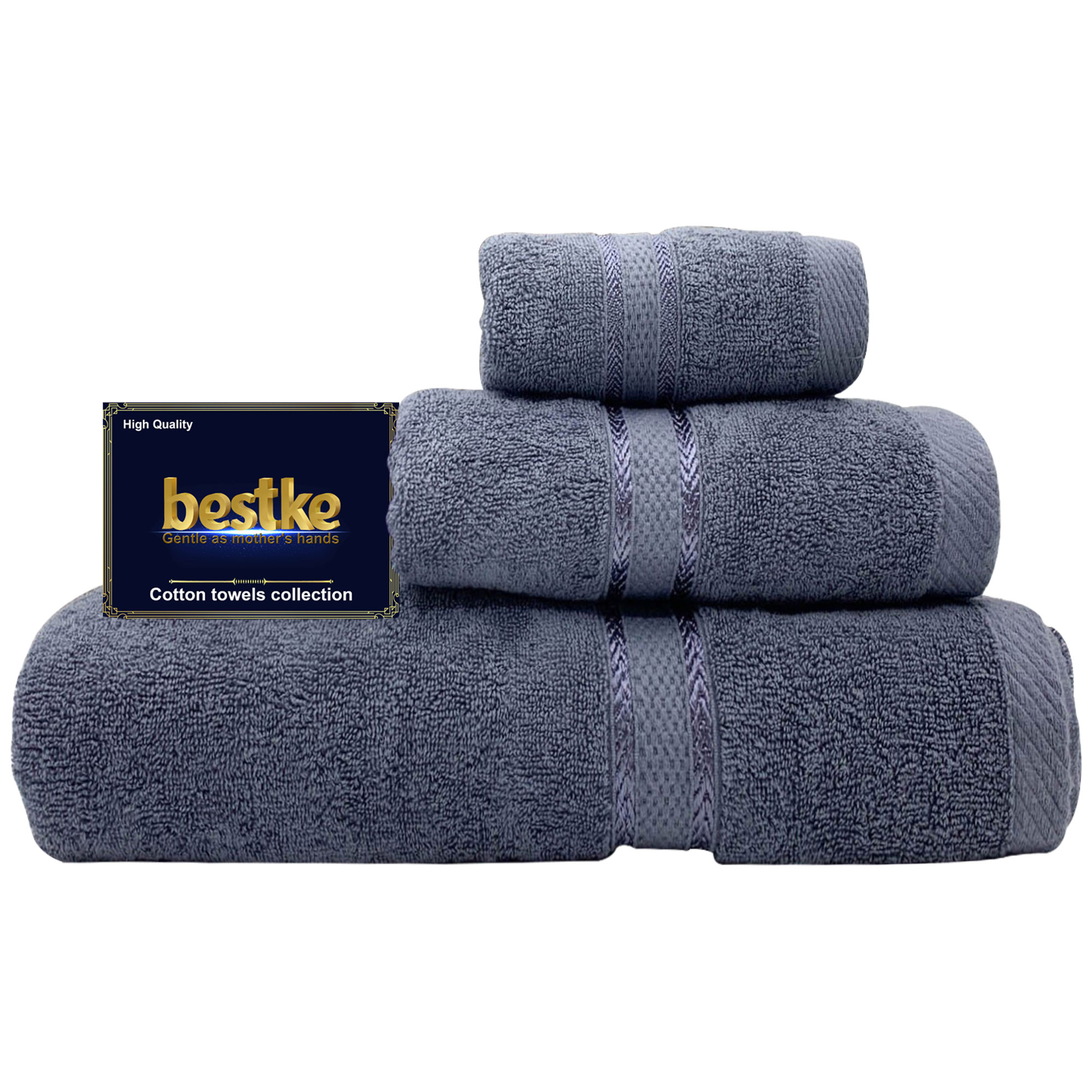 Bộ 3 Khăn Bestke Cao Cấp , đẳng cấp 100% Cotton Mềm mại và Thấm hút Nước , Xuất Khẩu, Màu xanh xám, trọng lượng 700g