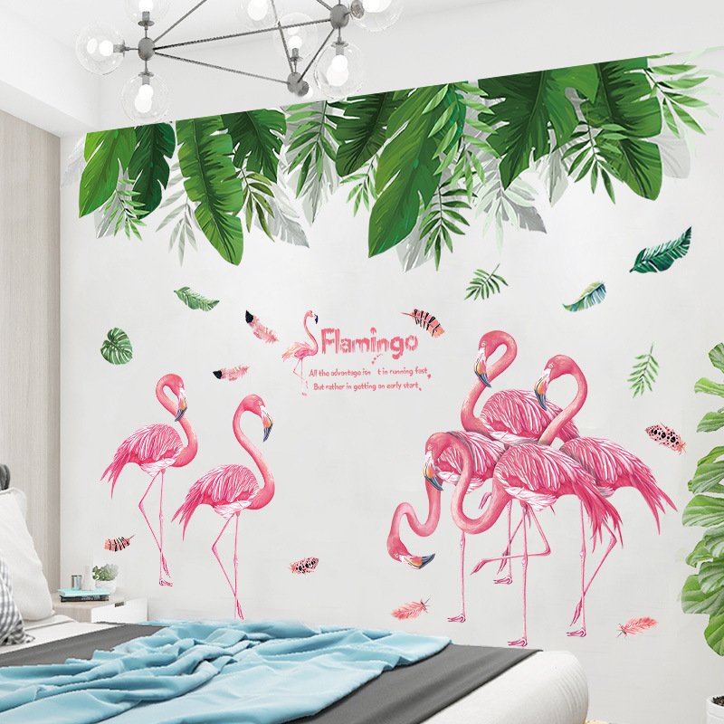 Decal dán tường lá xanh và chim hạc combo trang trí tường nghệ thuật