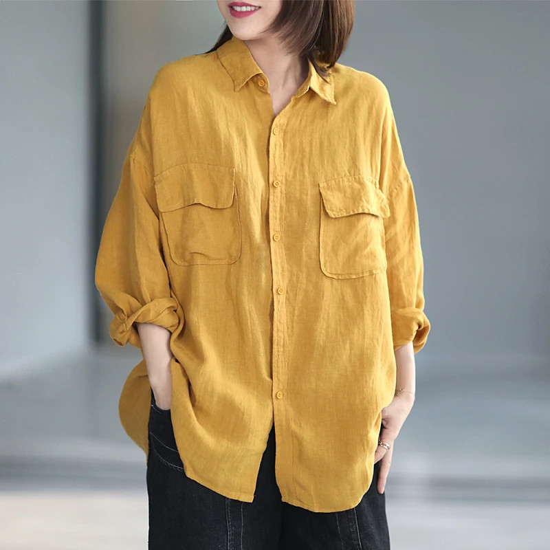Áo sơ mi nữ vàng vải đũi dài tay cổ đức 2 túi hộp cá tính.