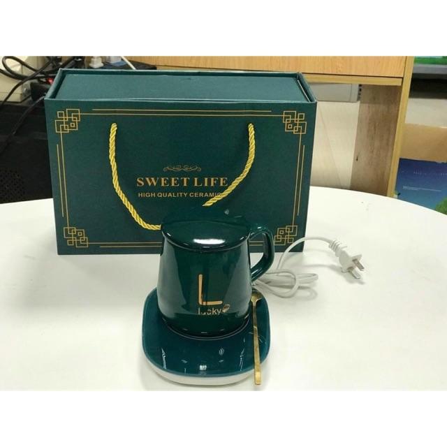 Bộ cốc và đế hâm nóng đồ uống bằng sứ lucky